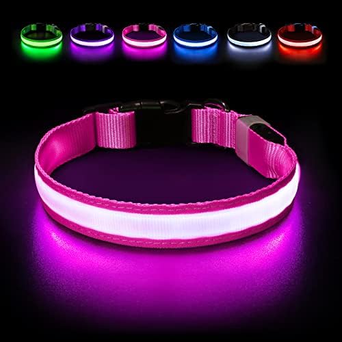 Light Up Dog Collar Rechargeable, 2 Modes 7 Colors Flashing Dog Collar Light for the Dark, Waterproof Safety Led Dog Collar Adjustable Small Medium Large Dogs Glowing Dog Collar at Night (Red, M)