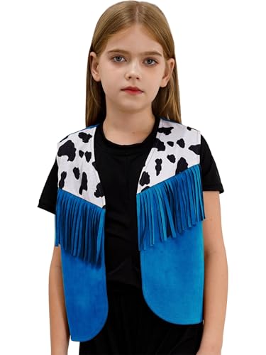 Boys Girls Cowboy Cowgirl Vest Sleeveless Cow Print Fringed Waistcoat Jacket Kids Western Party Dress Up