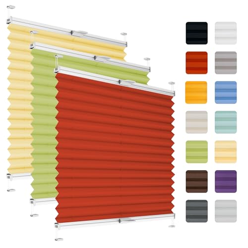 Fenster Plissee ohne Bohren zum Kleben auf Rahmen - Thermo Plisseerollo Innen - Rollo Jalousie, auf den Fensterrahmen, Faltrollo, Sichtschutz, Blickdicht, für Fenster & Tür - Rot, 100 x 200 cm