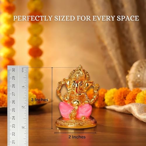 Image of Gold Plated Ganesh Idol | Ganpati Murti for Car Dashboard, Office Desk, Hindu God Gift & Home Decor - Resin (Gold & Pink)