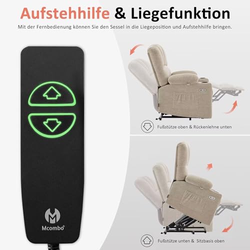 M MCombo Fernsehsessel mit Aufstehhilfe Elektrisch, Verbreiterte Rückenlehne Sessel mit Aufstehhilfe, Massage & Heizung, Relaxsessel mit Liegefunktion bis 145° USB 7102 (Stoff, Beige) – Bild 5