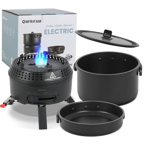 Camping Kochgeschirr Set für 2-4 Personen, 2 IN 1 Elektro und Gaskocher, Kombiniere 700W Elektrische & 2200W Gas, Camping Geschirr Campingkocher für Wohnmobil, Drinnen, Draußen (1 Topf + 1 Pfanne)