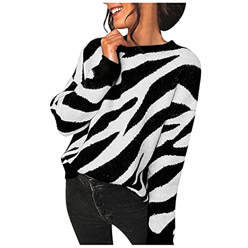 SDER Pull Femme Pull Col Rond En Maille Ample Pull Patchwork Rayé Pull à Motif Imprimé ZèBre Noir Blanc Tricots Chandail Niche Sens De Conception Mode Chandail Chaud Et Confortable En Polaire Arctique Cover