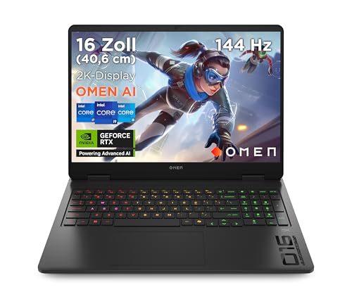HP Omen Gaming Laptop, 16' 2K WUXGA Display, 1920×1200, 144Hz, Intel Core Ultra 7 255H, NVIDIA GeForce RTX 5060, 24GB RAM, 1TB SSD, Win 11, 4-Zonen-RGB-QWERTZ, Shadow Black, inkl. 3 Monate GamePass