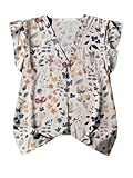 Floerns Women's Floral Short Sleeve Blouses Shirt Boho Button Down Shirt V Neck Tops Beige Multi Small