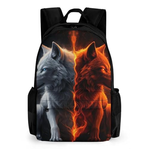 Supdreamc Ice And Fire Wolf Art Rucksack Polyester Anti-Theft Multipurpose Bookbag Big Capacity Travel and Sport Backpack Rucksack With Side Pockets