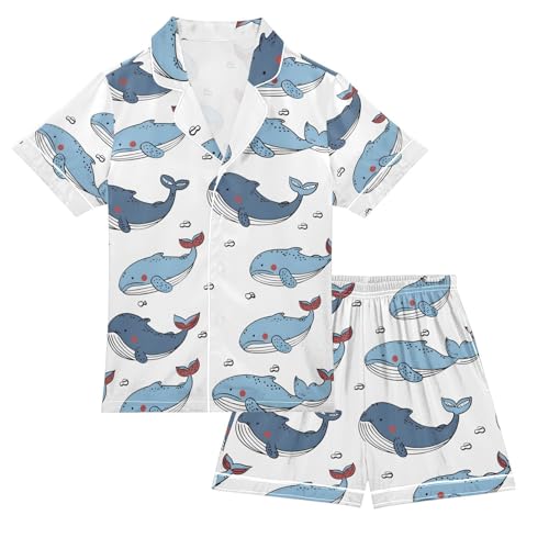ALAZA Cute Whale Cartoon White Pajamas Satin Pajama Set Short Sleeve Button Down Sleepwear
