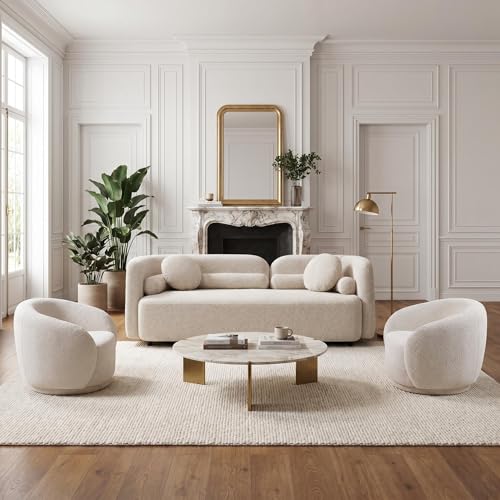 Image of Curved Sofa Set for Living Room, 3-Seater Upholstered Boucle Fabric Modern Sofa Set of 3 Piece Couch Set Minimalist Sofa with Swivel Accent Chairs Modern Sofa Set Home Bedroom Office (Beige)