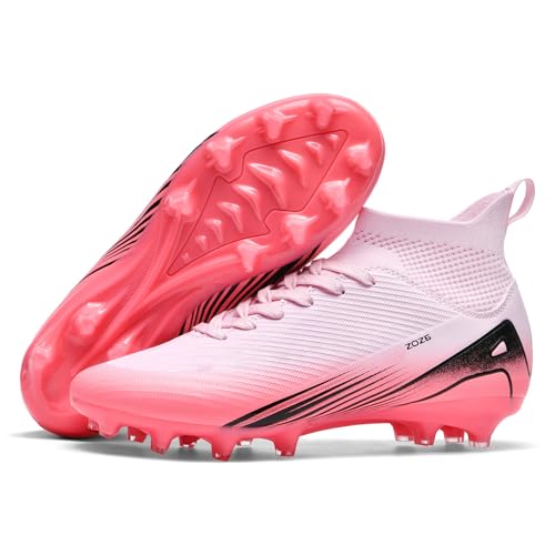 Kikaluo Men's High Top Soccer Shoes AG Long Spikes Men's and Women's High-Top Students Game Sports Training Soccer Cleats Shoes Pink EU 38