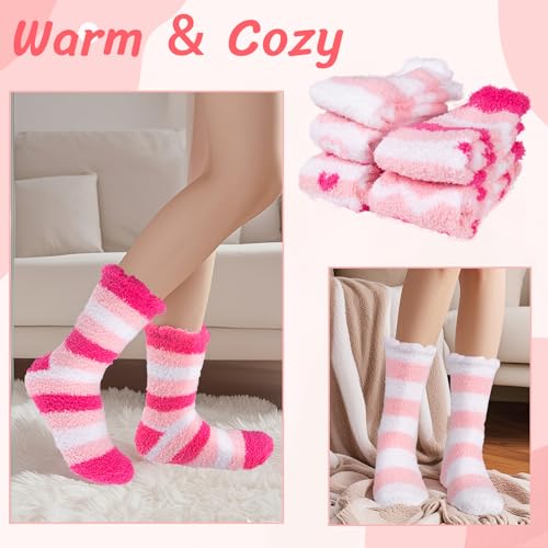 Image of Evankin Women's Heart Fuzzy Socks, 5 Pairs Soft Plush Slipper Socks | Soft Plush Fleece Slipper Socks With Pink Heart Designs, Five Cozy Pairs For Valentine's Day Gifts And Cold-Weather Lounging