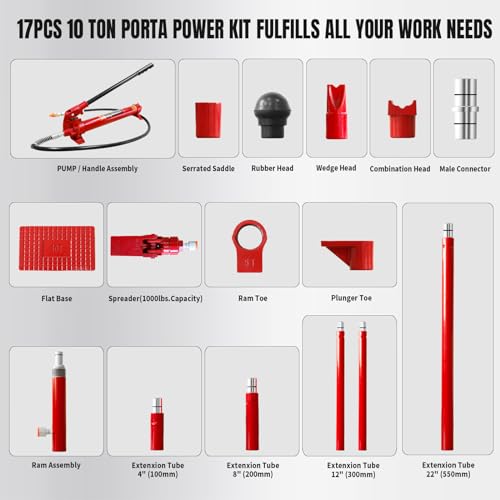 Image of BIG RED 10 Ton Porta Power Kit, 17-pcs Hydraulic Ram Auto Body Frame Repair Kit with Blow Mold Carrying Storage Case, 20,000 lbs Capacity,Red, T71001L Torin