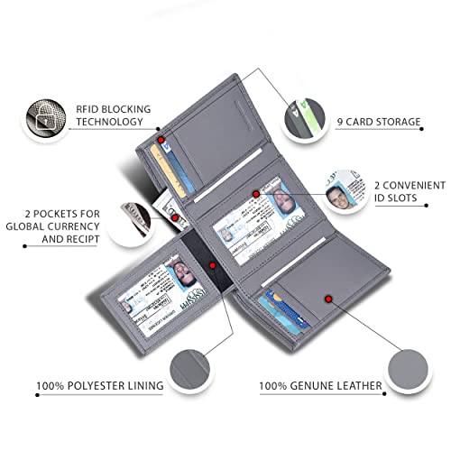 Image of Real Leather Mens Trifold Wallet RFID Blocking Slim Minimalist Front Pocket - Thin & Stylish with ID Window in Gift Box, Nappa Grey, Trifold