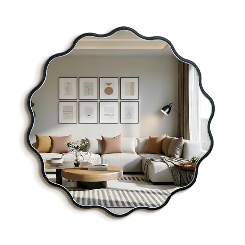 Image of Small Black Wavy Round 17 inch Scalloped Modern Wall Vanity Decor Mirror