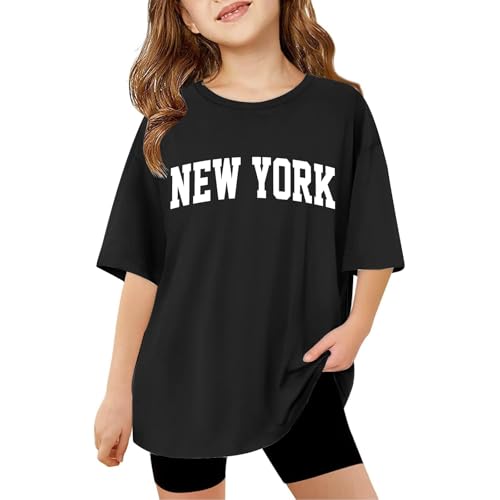 Generisch Camiseta deportiva de cuello redondo para niñas, moda informal, manga corta, blusas largas con estampado, camiseta de algodón, camiseta de verano, camisetas sin vientre, adolescentes, niñas