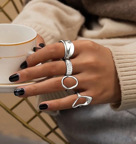 Florideco 10 PCS Chunky Gold Rings for Women Non Tarnish 18K Gold Plated Stackable Rings Adjustable Open Statement Ring Set4