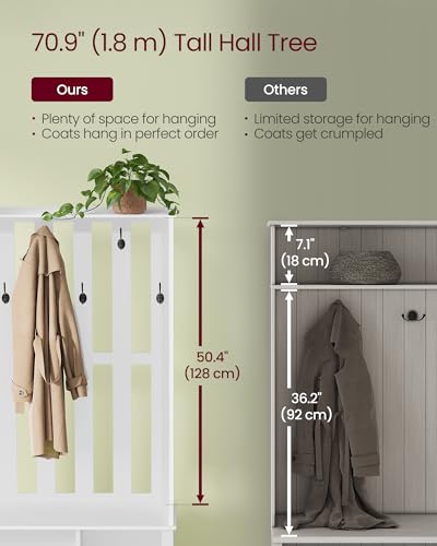 Image of VASAGLE Hall Tree with Bench and Shoe Storage, Coat Rack with Shoe Bench, 7 Double Hooks for Jackets, Hats, Entryway, Bedroom, Living Room, 13.8 x 31.9 x 70.9 Inches, Matte White UHSR414WB01S