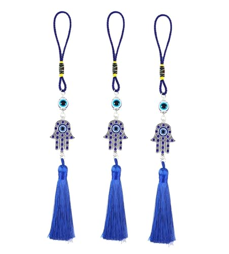 Lot de 3 breloques main de Fatma avec pompon yeux du diable turc yeux bleus turcs pour rétroviseur de voiture, accessoires de voyage