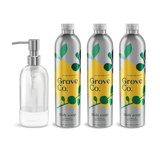 Grove Co. Ultimate Dish Soap Refills (3 x 16 Fl Oz) + Refillable Glass Dish Soap Dispenser for Kitchen Sink with Non-Slip Silicone Sleeve, Plastic Free Cleaning Products, Lemon & Eucalyptus
