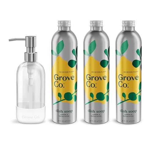 Image of Grove Co. Dish Soap, 3 x 16 fl oz Refills + Refillable Glass Dispenser | Lemon & Eucalyptus; Plastic-Free; Reusable dispenser; Refill format; Removes Stuck on Food; 98% plant-based ingredients
