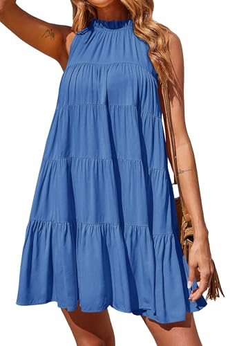 Okiwam Womens Summer Halter Dresses Sleeveless A Line Tiered Swing Mini 2025 Fall Casual Boho Beach Vacation Sundress