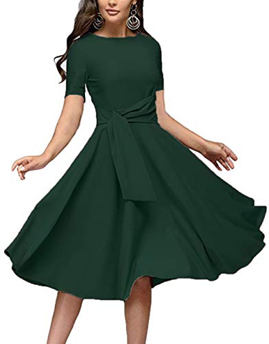 Women's Elegance Audrey Hepburn Style Ruched Dress Round Neck Short Sleeve Swing Midi A-line Dresses(Short,S) Green