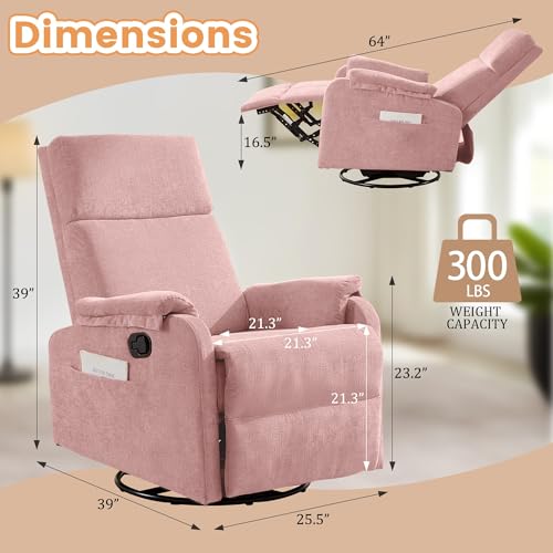 Image of Korser Recliner Chair, Swivel Rocking Recliner Chair for Adults, Glider Rocking Chair, Small Nursery Chair Recliner for Living Room, Reclining Chair with Modern-Designed Armrests, Chenille, Pink