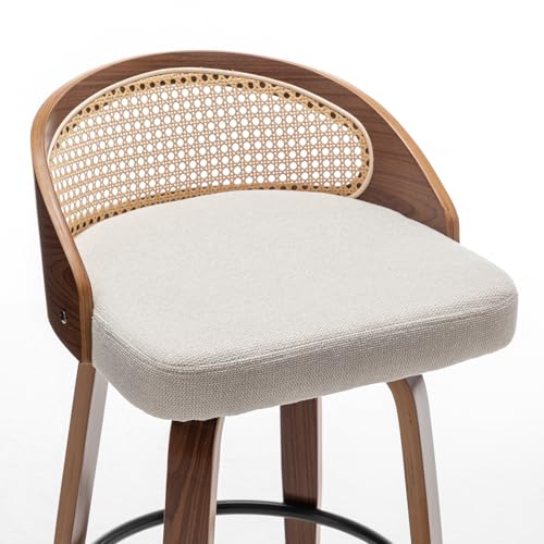 Image of 24.8 inch Swivel Rattan Bar Stools Set of 3,Mid-Century Modern Beige Linen Fabric Upholstered Counter Height Stools,Kitchen Island Barstools with Rattan Low Backrest,Walnut Wood Finish Bar Chair