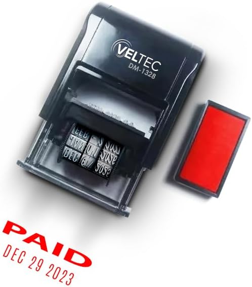 Miniatura 5 de Veltec Sello de fecha de goma autoentintado con frase y fecha (rojo, pagado)