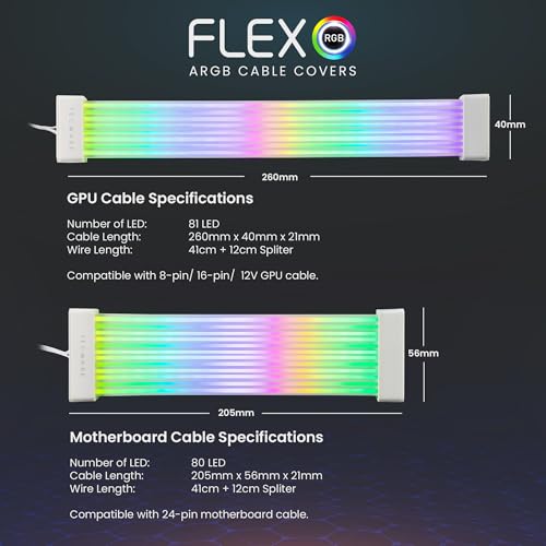 Image of TECWARE Flex RGB Cable Cover Kit | Compatible with 24-Pin Motherboard and 8-Pin /16-Pin GPU | ARGB PSU Cable Extension with 5V 3-Pin Sync | RGB Lighting Kit for PC Cables | White