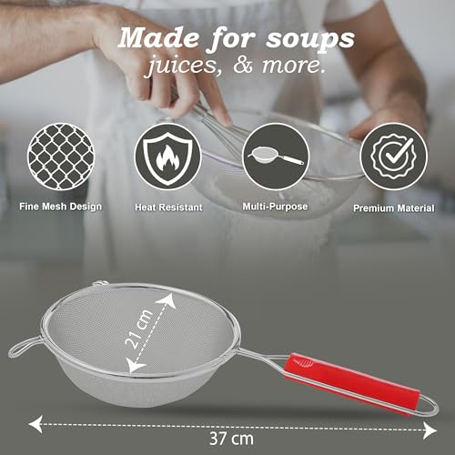 Image of Unify 1 Pieces Stainless Steel Soup & Juice Strainer /Liquid Filter for Kitchen Use, Large Soup Chalni with Red Handle, Rice & Juice Use (Size-8, Dia-21cm, Set of 1, Silver)