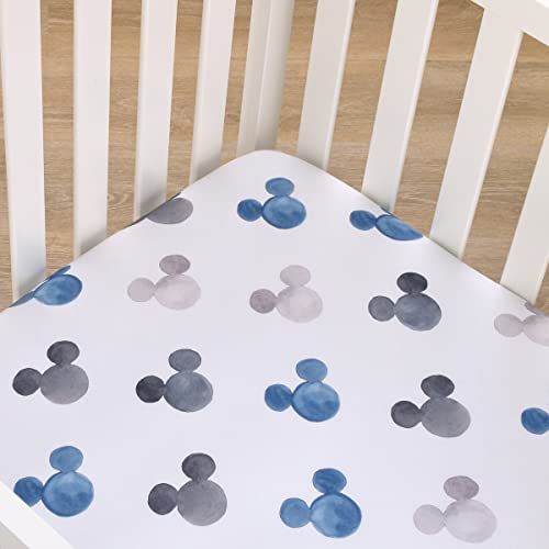 Image of Disney Mickey Mouse - Black, White and Blue Watercolor Mickey Ears Nursery Fitted Polyester Mini Crib Sheet