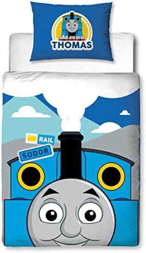 Thomas & Friend Toddler Cot Bed Duvet Cover Set Officially Licensed | Reversible 2 Sided Peekaboo Design with Matching Pillowcase, Polycotton, Blue