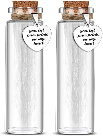 Nuenen 2 Pcs Pet Hair Glass Memorial Bottle Dog Keepsake Memorial Pet Loss Memory Sympathy Gift with Heart Shape Ornaments White Organza Bags Cat Keepsake Glass Vial for Ashes Fur Urn