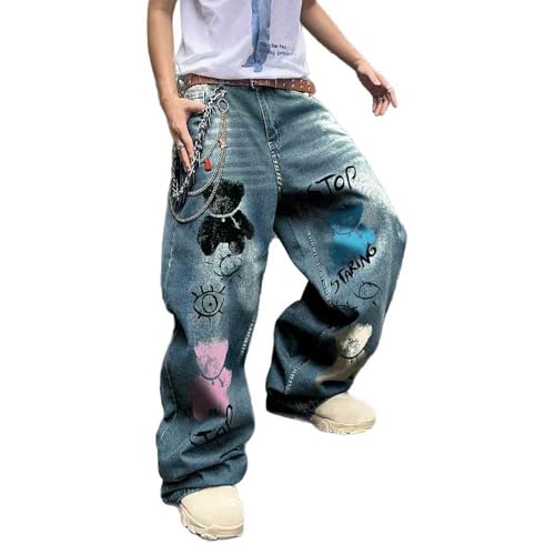 Men's Baggy Cargo Jeans with Graphic PrintY2K Aesthetic Straight Leg Draggin PantsStretch Polyester Trousers