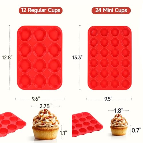 Image of Silicone Muffin Pan, Mini Muffin Pan, Regular 12 Cups and Mini 24 Cups Cupcake Tin Set of 2 for Baking Egg Bites