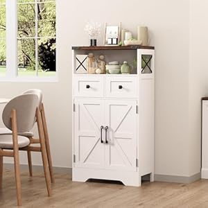 Farmhouse Kitchen Storage Cabinet Bathroom Floor Cabinet with 2 Drawers Barn Door and Shelf Pantry Hutch Sideboard Cabinet for Coffee StationDining RoomLiving Room and Hallway Antique White