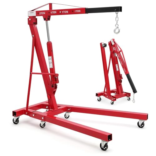 2-Ton Folding Engine Hoist Cherry Picker 44 Lb Capacity Hydraulic Shop Crane with Telescoping Boom 6 Caster Wheels for Automotive Repair Garage Use Includes Hitch and Storage Stand Red 64*40*58 Inch