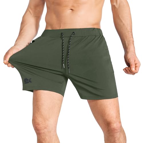 BROKIG Mens Stretch Gym Shorts, Lightweight Running Sport Training Workout Fitness Short Slim with Zip Pocket (S,Army Green)