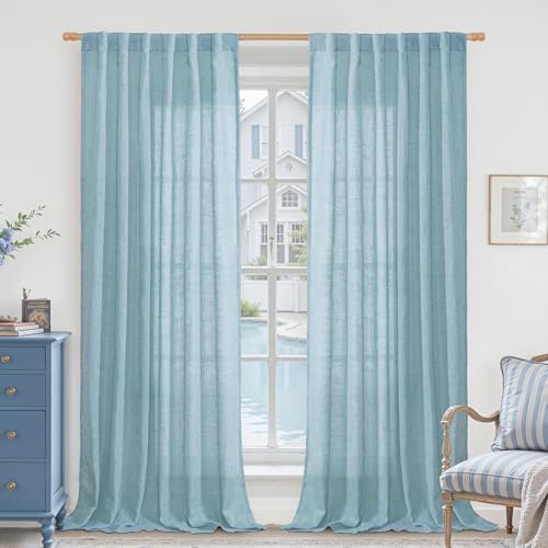 LAMIT Linen Curtains for Living Room 84 inch Length 2 Panels, Light Filtering Semi Sheer Panels Back Tab and Rod Pocket Farmhouse Drapes for Bedroom/Sliding Glass Door, Stone Blue, 52 x 84 Inch