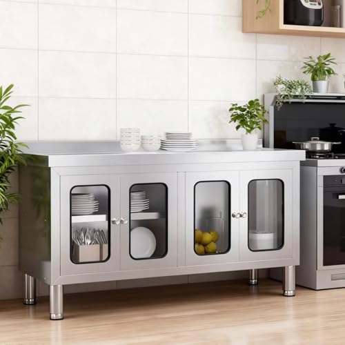 Image of 59 inch Stainless Steel Table Cabinet Heavy Duty Prep Table with 304 Stainless Steel Worktop and 4 Glass Doors Commercial Worktable Workbench with Storage Cabinet for Kitchen Garage Restaurant Outdoor