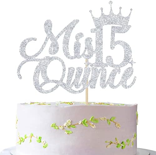 Mis Quince 15 Cake Topper, Cheers to 15 Years, 15th Birthday Cake Decor, Happy 15th Birthday Decorations Silver Glitter