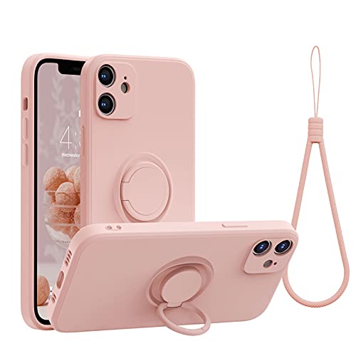 Coque iPhone 12 silicone rose avec anneau support et lanière