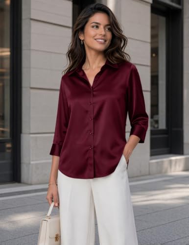 Image of Zeagoo Womens Satin Blouses Button Down Shirts 3 /4 Sleeve Dressy Tops S-2XL