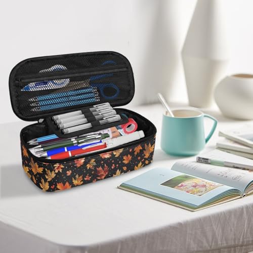Image of Maple Leaves Kids Pencil Case for Boys Girls Large Pencil Pouch,Fall Pencil Container for 5-14 Years Children Pencil Bag for School Students Teenagers Pencil Organizer for Daily,Black