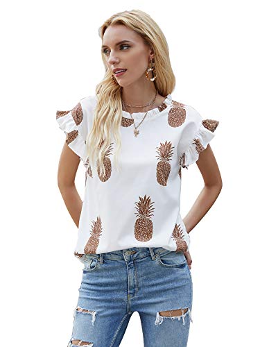 MakeMeChic Women's Floral Print Short Sleeve Ruffle Loose Casual Blouse Tops Shirts Pineapple Large