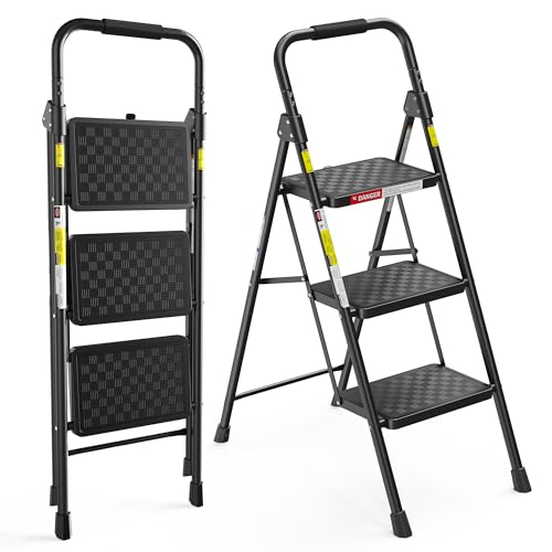 Image of HBTower 3 Step Ladder, Heavy Duty Step Stools for Adults, Safe-Lock Design & Handrail, Step Stool Foldable with Anti-Slip Pedal and Feet, Ladders for Home Kitchen Garage Outdoor, 330 Lbs, Black