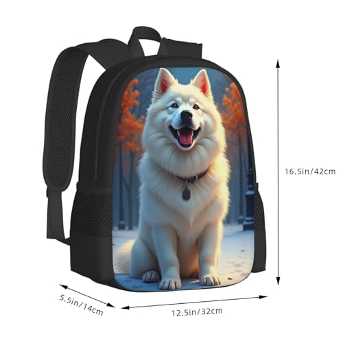 A White Dog is Standing in The Snow with Its Mouth Open Comfort Fit Unisex Backpack Padded Straps for Long - Haul Carrying Work & Travel Use3