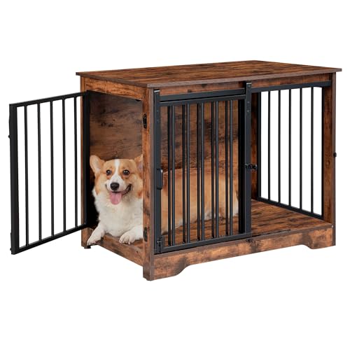Hzuaneri Hundekäfig Möbel, 81cm hundebox für zuhause, Schiebetüren, 2 Türen, Moderne hundebox Holz Indoor für kleine/mittlere Hunde, Hundekäfig für Zuhause, 81 x 55 x 67,5cm, Vintagebraun DFC83601B