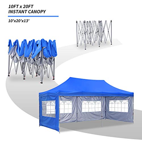 10x20 Ft Wedding Party Canopy Tent Pop up Instant Gazebo with Removable Sidewalls and Windows (Blue 4 Walls)