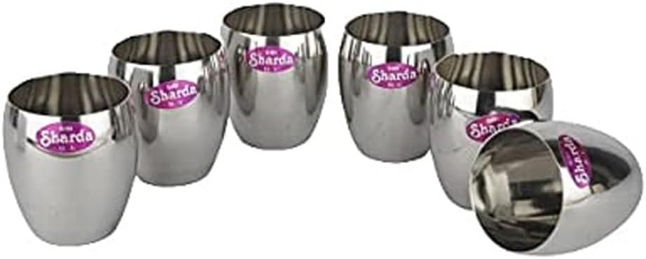 Sharda Metals Stainless Steel Sleek Polished Glass Set of 6 Pcs for Water, Juice, Soft Drinks, Lassi, Chaass & Beverages, Rust Free & Food Grade Serving Glasses - 250 ml Each